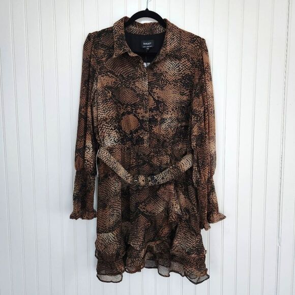 NEW BARDOT 'Bessie' Snake Print Ruffle Tiered Belted Mini Dress size 8 - Picture 2 of 9